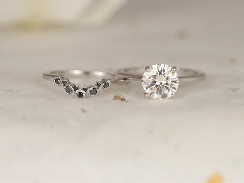 2ct Dixie 8mm & Remy 14kt White Gold Moissanite Black Diamond Round Dainty Solitaire Bridal Set - Rosados Box