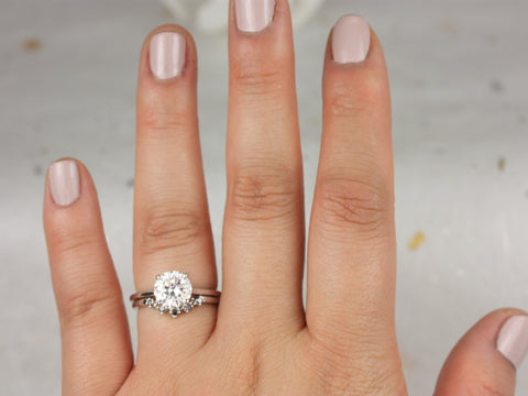 2ct Dixie 8mm & Remy 14kt White Gold Moissanite Black Diamond Round Dainty Solitaire Bridal Set - Rosados Box