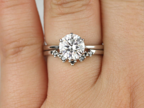 1.50ct Wendy 7.5mm & Remy 14kt Moissanite Black Diamond Round Solitaire Bridal Set - Rosados Box