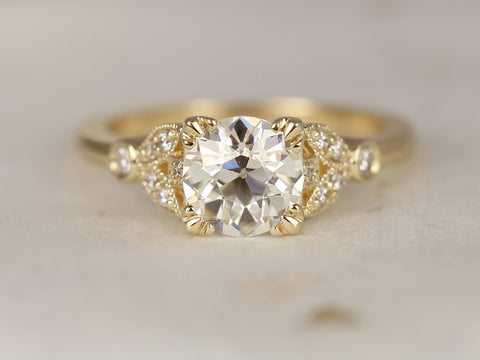 Ready to Ship Antoinette 7mm 14kt Yellow Gold Forever Brilliant Moissanite Diamonds Old Miners Dainty Art Deco Round Engagement Ring