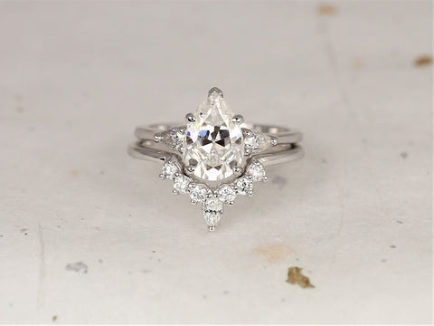 2cts Essie 10x7mm & Aldis 14kt Gold Moissanite Diamond Three Stone Pear Bridal Set