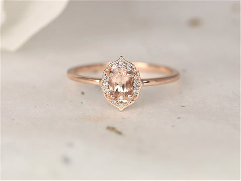Mini Mae 6x4mm 14kt Gold Morganite Diamond WITH Milgrain Unique Oval Halo Ring - Rosados Box