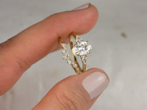 1.50ct Emery 8x6mm & Remy 14kt Gold Forever One Moissanite Diamond Dainty 3 Stone Oval Bridal Set