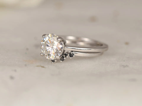 2ct Dixie 8mm & Remy 14kt White Gold Moissanite Black Diamond Round Dainty Solitaire Bridal Set - Rosados Box