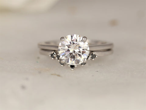2ct Dixie 8mm & Remy 14kt White Gold Moissanite Black Diamond Round Dainty Solitaire Bridal Set - Rosados Box