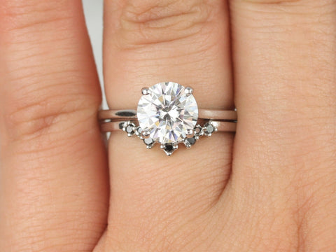 2ct Dixie 8mm & Remy 14kt White Gold Moissanite Black Diamond Round Dainty Solitaire Bridal Set - Rosados Box