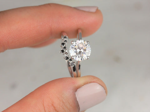 2ct Dixie 8mm & Remy 14kt White Gold Moissanite Black Diamond Round Dainty Solitaire Bridal Set - Rosados Box