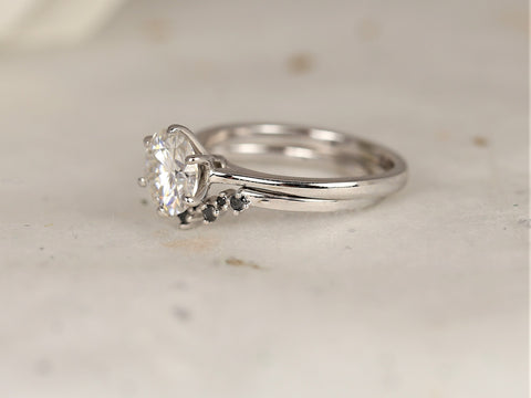 1.50ct Wendy 7.5mm & Remy 14kt Moissanite Black Diamond Round Solitaire Bridal Set - Rosados Box