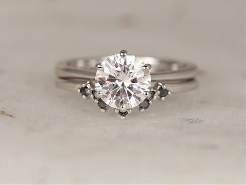 1.50ct Wendy 7.5mm & Remy 14kt Moissanite Black Diamond Round Solitaire Bridal Set - Rosados Box