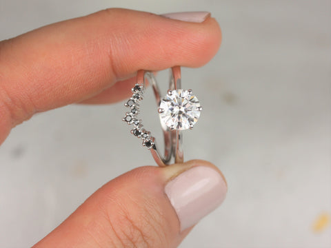 1.50ct Wendy 7.5mm & Remy 14kt Moissanite Black Diamond Round Solitaire Bridal Set - Rosados Box