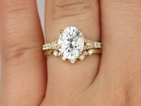 3ct Luz 10x8mm & Remy 14kt Gold Moissanite Diamond Mermaid Split Oval Solitaire Bridal Set - Rosados Box