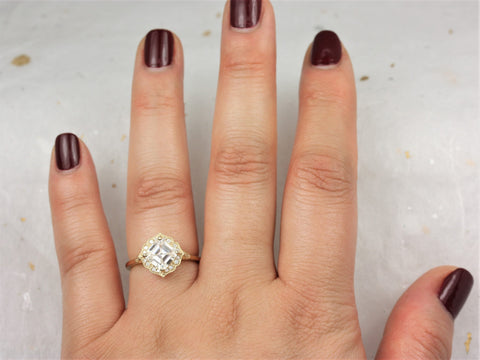 1.30ct Leena 6.5mm 14kt Gold Moissanite Diamond WITH Milgrain Art Deco Asscher Kite Halo Ring,Unique Halo Ring,Asscher Cut Ring