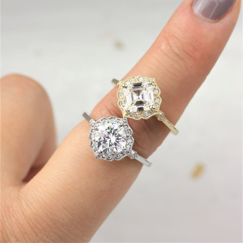 1.30ct Leena 6.5mm 14kt Gold Moissanite Diamond WITH Milgrain Art Deco Asscher Kite Halo Ring,Unique Halo Ring,Asscher Cut Ring