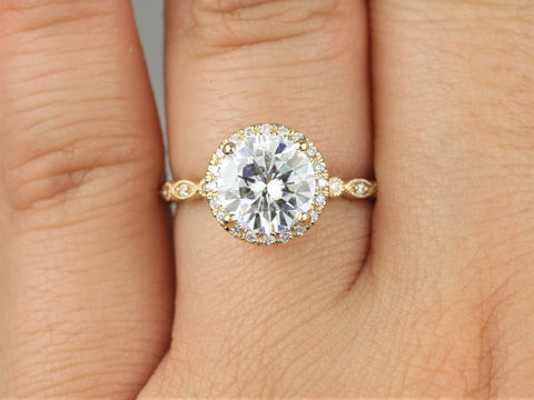 2ct Georgia 8mm 14kt Gold Moissanite Diamond Art Deco Round Halo WITH Milgrain Engagement Ring,Dainty Vintage Halo Ring