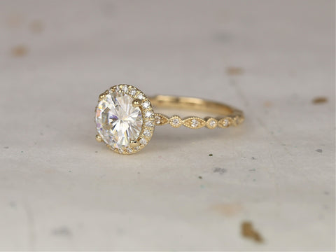 2ct Georgia 8mm 14kt Gold Moissanite Diamond Art Deco Round Halo WITH Milgrain Engagement Ring,Dainty Vintage Halo Ring