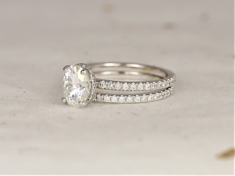 1.50ct Viviana 8x6mm 14kt Gold Moissanite Diamond Dainty Pave Oval Solitaire Bridal Set,Oval Scarf Halo Ring