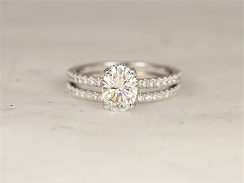 1.50ct Viviana 8x6mm 14kt Gold Moissanite Diamond Dainty Pave Oval Solitaire Bridal Set,Oval Scarf Halo Ring