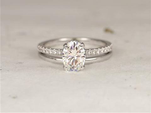 1.50ct Viviana 8x6mm & PLAIN Bd 14kt Solid Gold Forever One Moissanite Diamond Dainty Scarf Hidden Pave Halo Bridal Set