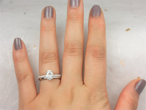 1.50ct Viviana 8x6mm & PLAIN Bd 14kt Solid Gold Forever One Moissanite Diamond Dainty Scarf Hidden Pave Halo Bridal Set