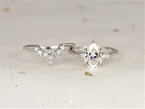 2cts Essie 10x7mm & Aldis 14kt Gold Moissanite Diamond Three Stone Pear Bridal Set