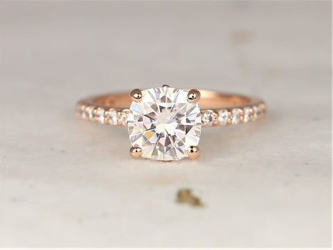 2cts Hallie 7.5mm 14kt Rose Gold Forever One Moissanite Diamonds Art Deco Dainty Cushion Solitaire Unique Engagement Ring