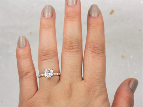 2cts Hallie 7.5mm 14kt Rose Gold Forever One Moissanite Diamonds Art Deco Dainty Cushion Solitaire Unique Engagement Ring