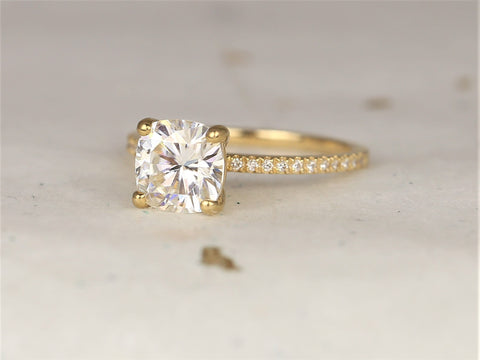 2ct Devora 7.5mm 14kt Solid Gold Moissanite Diamond Pave Dainty Cushion Solitaire Classic Engagement Ring - Rosados Box