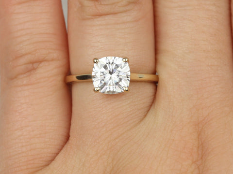 2ct Delta 7.5mm 14kt Solid Gold Forever One Moissanite Minimalist Dainty Cathedral Cushion Solitaire Engagement Ring