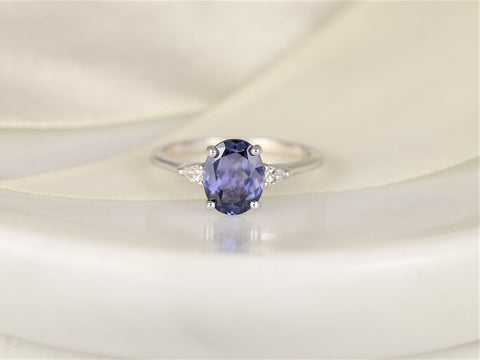 1.69cts Ready to Ship Petite Emery 14kt White Gold Indigo Purple Spinel Diamond Minimalist Pear 3 Stone Oval Ring - Rosados Box