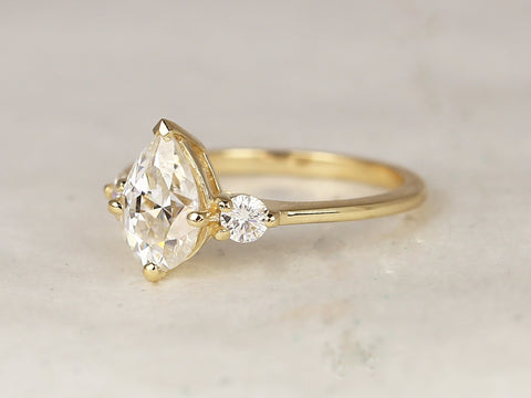 1.50ct Petite Greta 9x6mm 14kt Moissanite Round Three Stone Pear Ring - Rosados Box