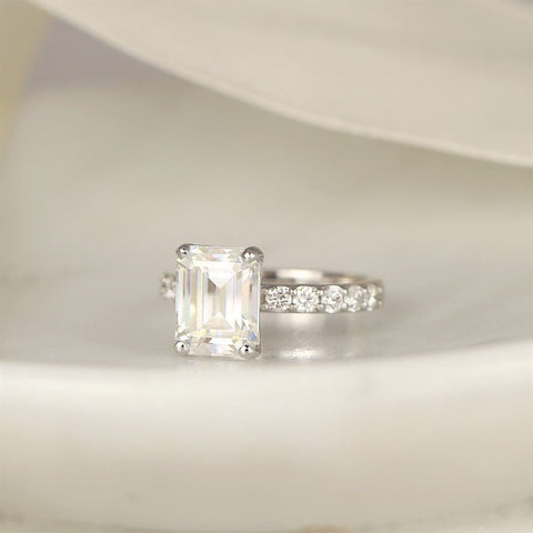 3.90ct Nadege 10x8mm 14kt White Gold Forever One Moissanite Diamonds Pave Emerald Solitaire Engagement Ring - Rosados Box