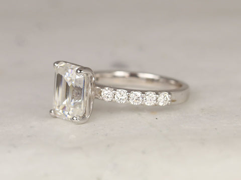 3.90ct Nadege 10x8mm 14kt White Gold Forever One Moissanite Diamonds Pave Emerald Solitaire Engagement Ring - Rosados Box