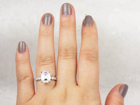 3.90ct Nadege 10x8mm 14kt White Gold Forever One Moissanite Diamonds Pave Emerald Solitaire Engagement Ring - Rosados Box