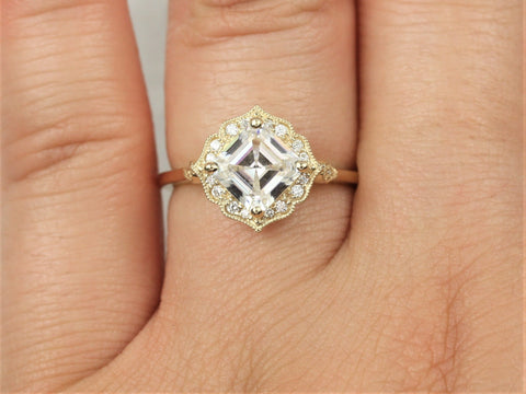 1.30ct Leena 6.5mm 14kt Gold Moissanite Diamond WITH Milgrain Art Deco Asscher Kite Halo Ring,Unique Halo Ring,Asscher Cut Ring
