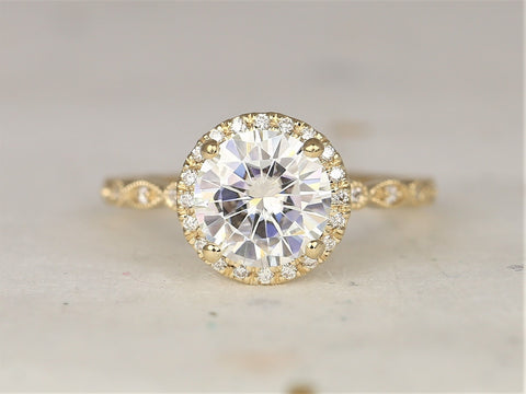 2ct Georgia 8mm 14kt Gold Moissanite Diamond Art Deco Round Halo WITH Milgrain Engagement Ring,Dainty Vintage Halo Ring