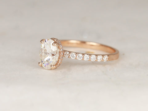 1.50ct Vera 8x6mm 14kt Rose Gold Moissanite Diamond Scarf Oval Halo Solitaire Ring - Rosados Box