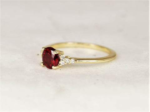 Malia 6mm 14kt Gold Red Ruby Diamond Art Deco Dainty 3 Stone Round Cluster Ring,July Birthstone,Anniversary Gift