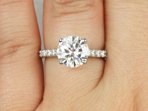 2.70ct Tracy 9mm 14kt White Gold Forever One Moissanite Diamond Minimalist Pave Solitaire Cathedral Round Engagement Ring - Rosados Box