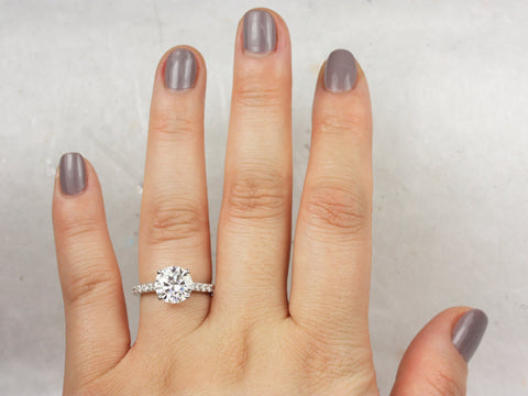 2.70ct Tracy 9mm 14kt White Gold Forever One Moissanite Diamond Minimalist Pave Solitaire Cathedral Round Engagement Ring - Rosados Box