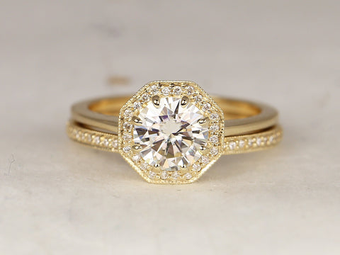 1.25ct Winona 7mm 14kt Gold Moissanite Diamond WITH Milgrain Unique Octagon Halo Bridal Set,Art Deco Wedding,Promise Ring