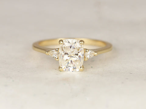 1.50cts Petite Ellis 8x6mm 14kt Solid Gold Moissanite Diamond Elongated Cushion 3 Stone Ring - Rosados Box