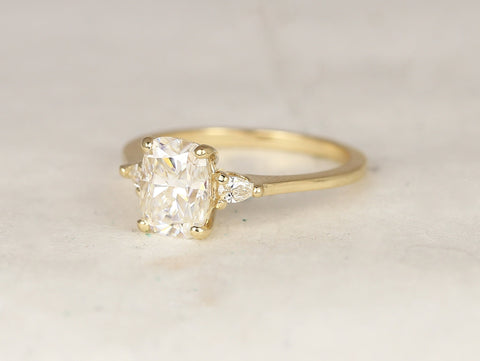 1.50cts Petite Ellis 8x6mm 14kt Solid Gold Moissanite Diamond Elongated Cushion 3 Stone Ring - Rosados Box