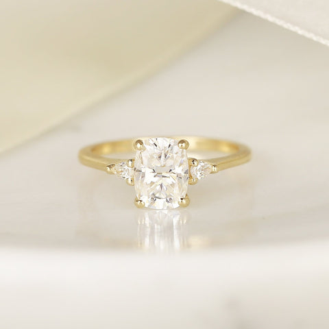 1.50cts Petite Ellis 8x6mm 14kt Solid Gold Moissanite Diamond Elongated Cushion 3 Stone Ring - Rosados Box