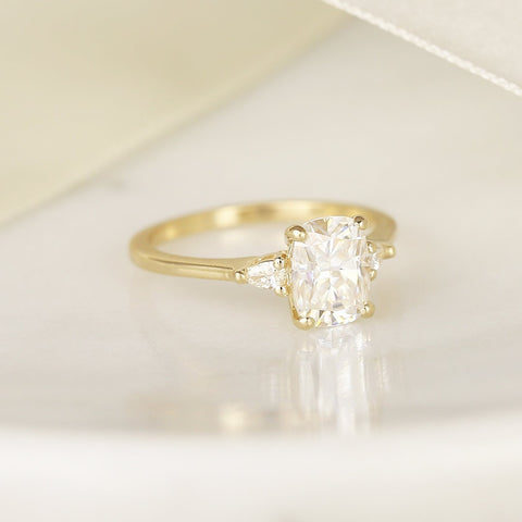 1.50cts Petite Ellis 8x6mm 14kt Solid Gold Moissanite Diamond Elongated Cushion 3 Stone Ring - Rosados Box