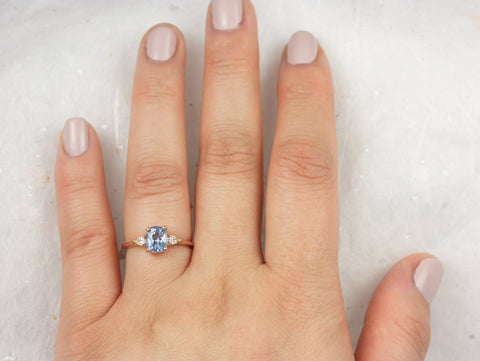 1.67ct Ready to Ship Petite Ellis 14kt Rose Gold Cornflower Blue Sapphire Diamond Elongated Cushion 3 Stone Ring - Rosados Box