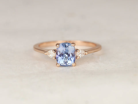 1.67ct Ready to Ship Petite Ellis 14kt Rose Gold Cornflower Blue Sapphire Diamond Elongated Cushion 3 Stone Ring - Rosados Box