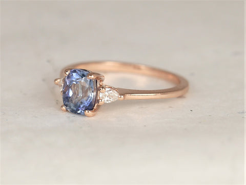 1.67ct Ready to Ship Petite Ellis 14kt Rose Gold Cornflower Blue Sapphire Diamond Elongated Cushion 3 Stone Ring - Rosados Box