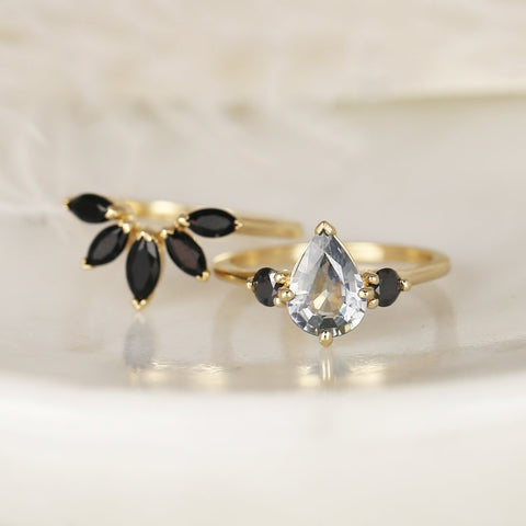 1.58ct Ready to Ship Petite Greta 14kt Gold Cornflower Blue Sapphire Black Diamond Pear Round 3 Stone Dainty Engagement Ring - Rosados Box