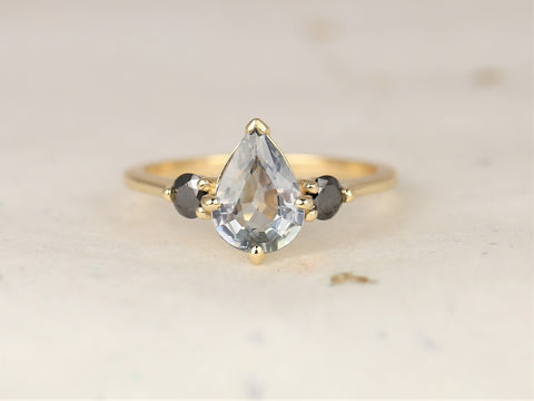 1.58ct Ready to Ship Petite Greta 14kt Gold Cornflower Blue Sapphire Black Diamond Pear Round 3 Stone Dainty Engagement Ring - Rosados Box