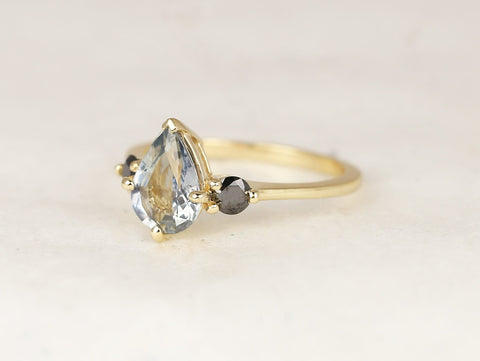 1.58ct Ready to Ship Petite Greta 14kt Gold Cornflower Blue Sapphire Black Diamond Pear Round 3 Stone Dainty Engagement Ring - Rosados Box
